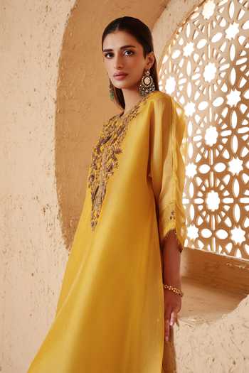 Shop_Label Niti Bothra_Yellow Silk, Organza, Tencel Round Neck Mehrang Kaftan Kurta And Pant Set _Online_at_Aza_Fashions
