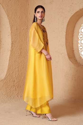 Label Niti Bothra_Yellow Silk, Organza, Tencel Round Neck Mehrang Kaftan Kurta And Pant Set _at_Aza_Fashions