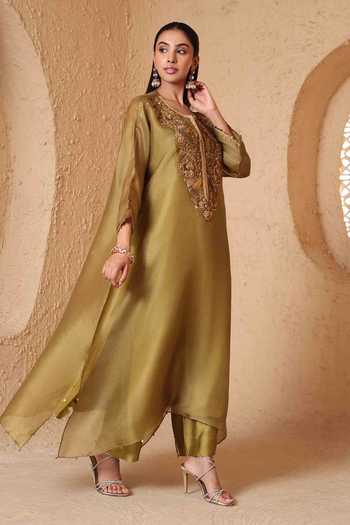 Label Niti Bothra_Olive Green Silk, Organza, Tencel Round Neck Mehrang Kaftan Kurta And Pant Set _Online_at_Aza_Fashions