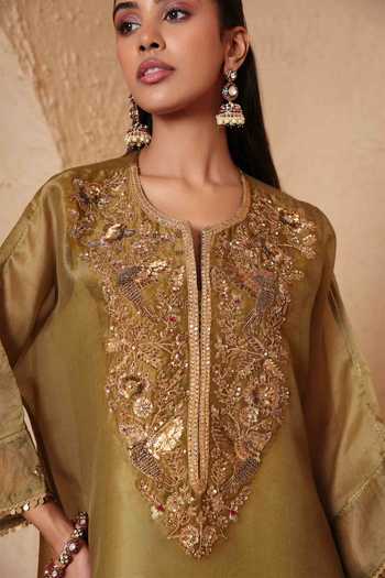 Buy_Label Niti Bothra_Olive Green Silk, Organza, Tencel Round Neck Mehrang Kaftan Kurta And Pant Set _Online_at_Aza_Fashions