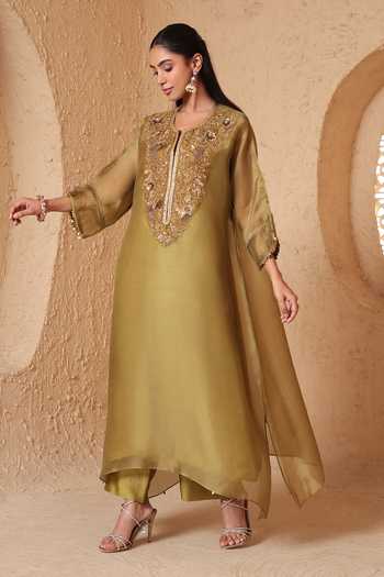 Shop_Label Niti Bothra_Olive Green Silk, Organza, Tencel Round Neck Mehrang Kaftan Kurta And Pant Set _at_Aza_Fashions