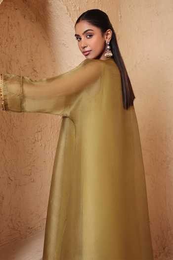 Shop_Label Niti Bothra_Olive Green Silk, Organza, Tencel Round Neck Mehrang Kaftan Kurta And Pant Set _Online_at_Aza_Fashions