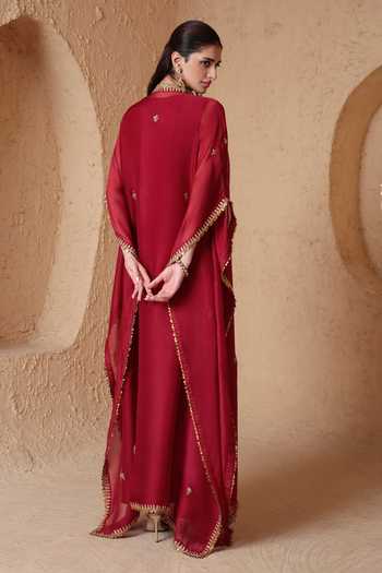 Shop_Label Niti Bothra_Maroon Organza V-neck Mehrang Kaftan _at_Aza_Fashions