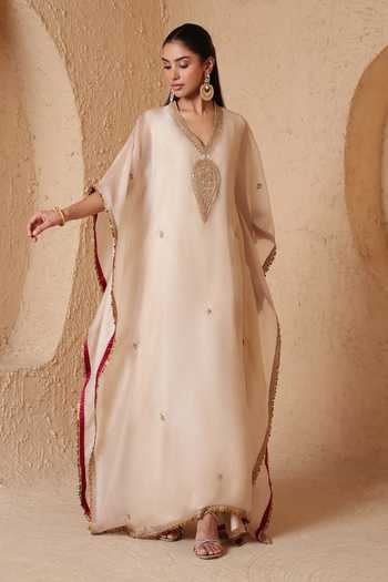 Shop_Label Niti Bothra_Ivory Organza V-neck Mehrang Kaftan _at_Aza_Fashions