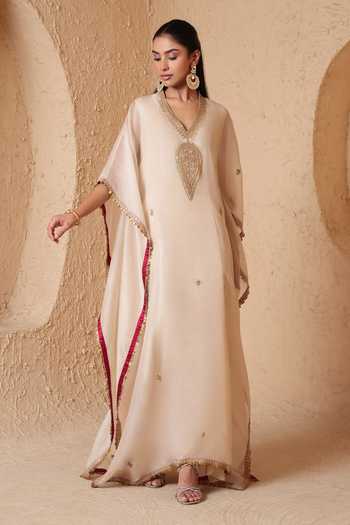 Buy_Label Niti Bothra_Ivory Organza V-neck Mehrang Kaftan _Online_at_Aza_Fashions