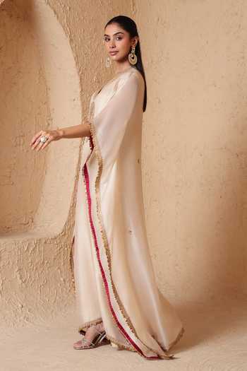 Shop_Label Niti Bothra_Ivory Organza V-neck Mehrang Kaftan _Online_at_Aza_Fashions