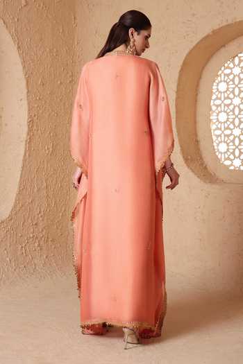 Shop_Label Niti Bothra_Peach Organza V-neck Mehrang Kaftan _at_Aza_Fashions