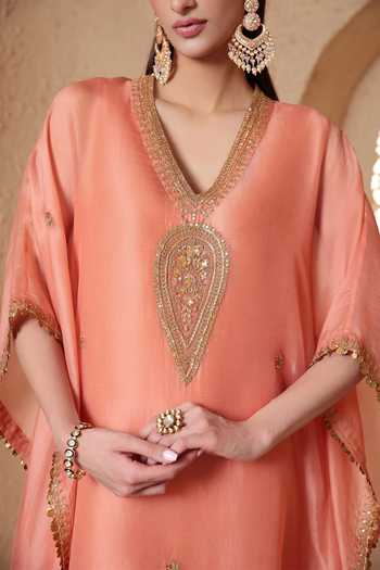 Shop_Label Niti Bothra_Peach Organza V-neck Mehrang Kaftan _Online_at_Aza_Fashions