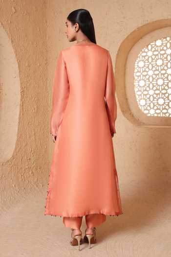 Shop_Label Niti Bothra_Peach Silk, Organza, Tencel Split V-neck Mehrang Kurta Set _at_Aza_Fashions