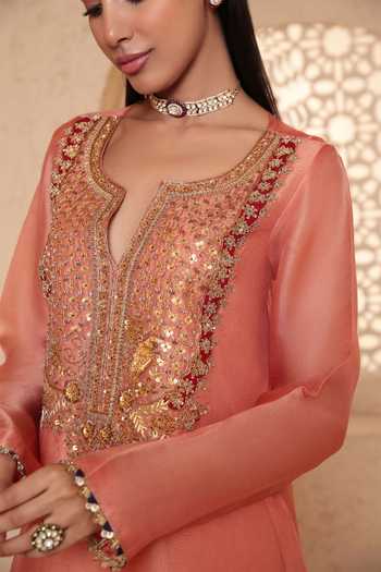 Shop_Label Niti Bothra_Peach Silk, Organza, Tencel Split V-neck Mehrang Kurta Set _Online_at_Aza_Fashions