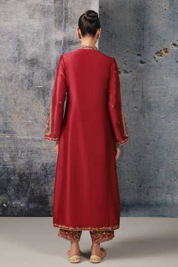 Shop_Label Niti Bothra_Maroon Silk, , Tencel, Kota Doria, Mehrang Applique Kurta Set _at_Aza_Fashions