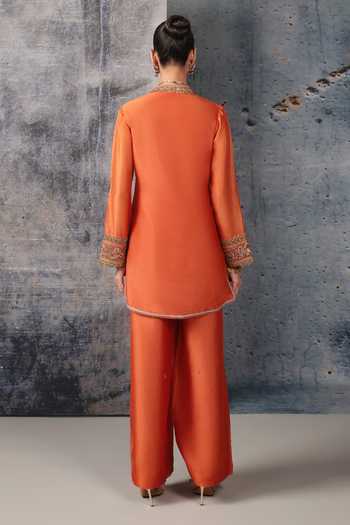 Shop_Label Niti Bothra_Orange Silk, Chanderi, Tencel, Organza V-neck Mehrang V Short Kurta Set _at_Aza_Fashions