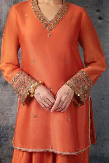 Label Niti Bothra_Orange Silk, Chanderi, Tencel, Organza V-neck Mehrang V Short Kurta Set _at_Aza_Fashions