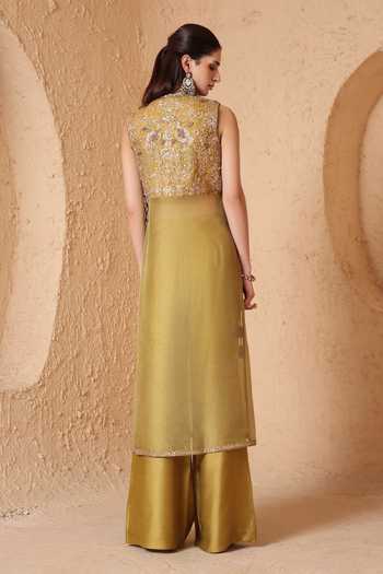 Shop_Label Niti Bothra_Olive Green Silk, Organza, Mehrang Tie-up Sleeveless Kurta And Flared Pant Set _at_Aza_Fashions