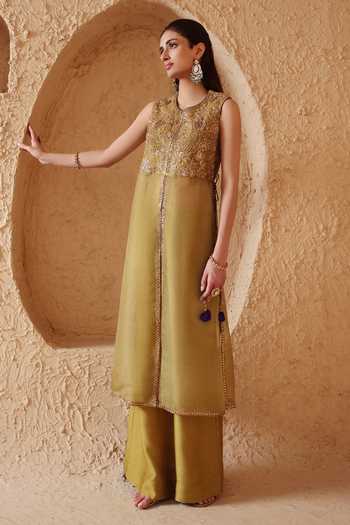 Label Niti Bothra_Olive Green Silk, Organza, Mehrang Tie-up Sleeveless Kurta And Flared Pant Set _Online_at_Aza_Fashions
