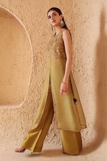 Buy_Label Niti Bothra_Olive Green Silk, Organza, Mehrang Tie-up Sleeveless Kurta And Flared Pant Set _Online_at_Aza_Fashions
