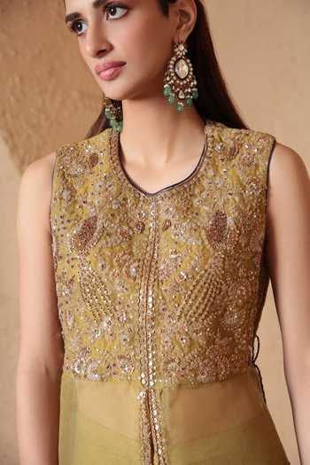 Shop_Label Niti Bothra_Olive Green Silk, Organza, Mehrang Tie-up Sleeveless Kurta And Flared Pant Set _Online_at_Aza_Fashions