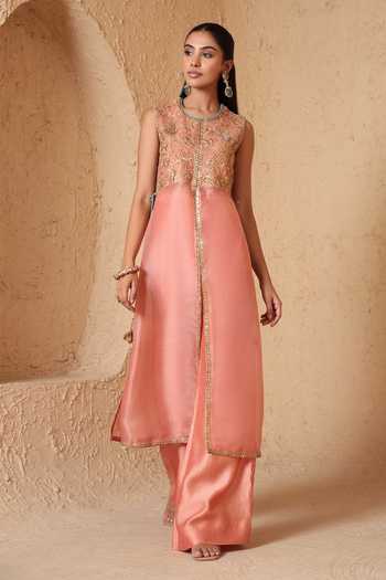 Shop_Label Niti Bothra_Peach Silk, Organza, Tencel Mehrang Tie-up Sleeveless Kurta And Flared Pant Set _at_Aza_Fashions