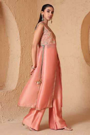 Label Niti Bothra_Peach Silk, Organza, Tencel Mehrang Tie-up Sleeveless Kurta And Flared Pant Set _Online_at_Aza_Fashions