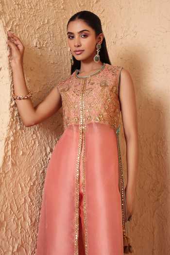 Buy_Label Niti Bothra_Peach Silk, Organza, Tencel Mehrang Tie-up Sleeveless Kurta And Flared Pant Set _Online_at_Aza_Fashions