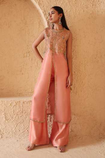 Shop_Label Niti Bothra_Peach Silk, Organza, Tencel Mehrang Tie-up Sleeveless Kurta And Flared Pant Set _Online_at_Aza_Fashions