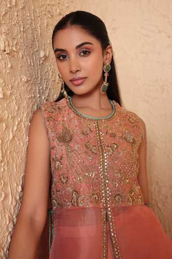 Label Niti Bothra_Peach Silk, Organza, Tencel Mehrang Tie-up Sleeveless Kurta And Flared Pant Set _at_Aza_Fashions