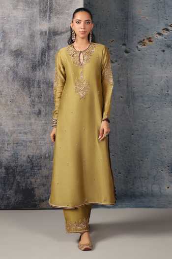 Label Niti Bothra_Olive Green Silk, Chanderi, Tencel, Organza Mehrang Straight Long Kurta Set _Online_at_Aza_Fashions