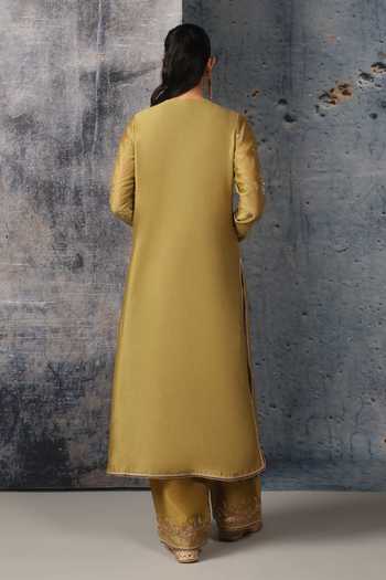 Shop_Label Niti Bothra_Olive Green Silk, Chanderi, Tencel, Organza Mehrang Straight Long Kurta Set _at_Aza_Fashions