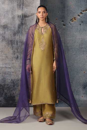 Buy_Label Niti Bothra_Olive Green Silk, Chanderi, Tencel, Organza Mehrang Straight Long Kurta Set _Online_at_Aza_Fashions