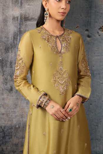Shop_Label Niti Bothra_Olive Green Silk, Chanderi, Tencel, Organza Mehrang Straight Long Kurta Set _Online_at_Aza_Fashions