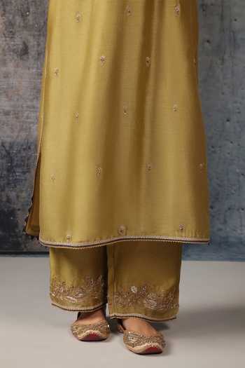Label Niti Bothra_Olive Green Silk, Chanderi, Tencel, Organza Mehrang Straight Long Kurta Set _at_Aza_Fashions