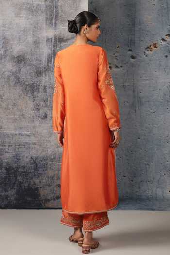 Shop_Label Niti Bothra_Orange Silk, Chanderi, Tencel, Organza Keyhole Mehrang Straight Long Kurta Set _at_Aza_Fashions