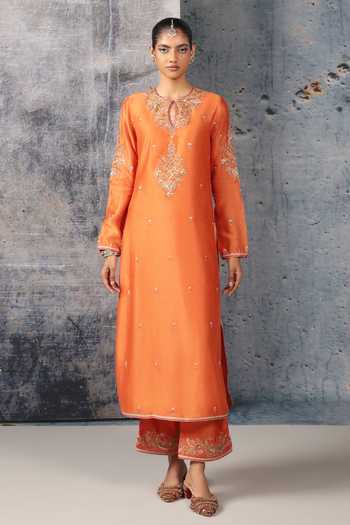 Label Niti Bothra_Orange Silk, Chanderi, Tencel, Organza Keyhole Mehrang Straight Long Kurta Set _Online_at_Aza_Fashions