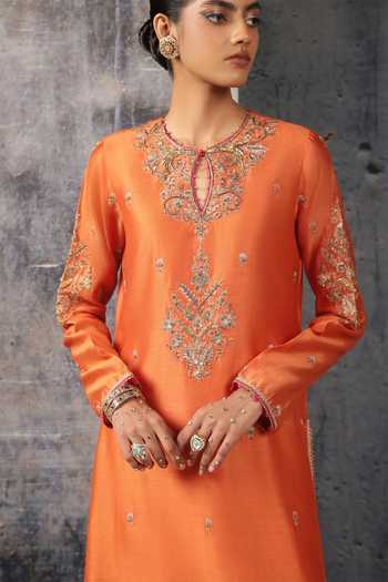 Buy_Label Niti Bothra_Orange Silk, Chanderi, Tencel, Organza Keyhole Mehrang Straight Long Kurta Set _Online_at_Aza_Fashions