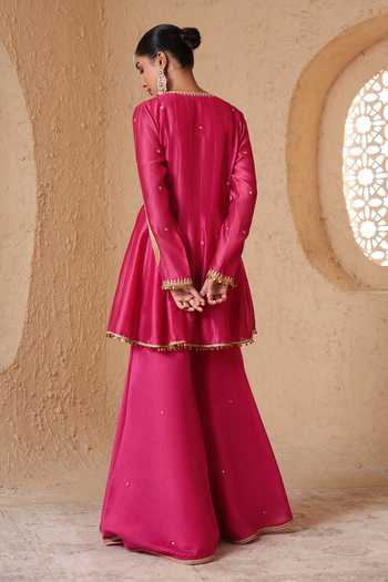 Shop_Label Niti Bothra_Pink Silk, Organza, Chanderi V-neck, Yes Mehrang Angarkha Sharara Set _at_Aza_Fashions