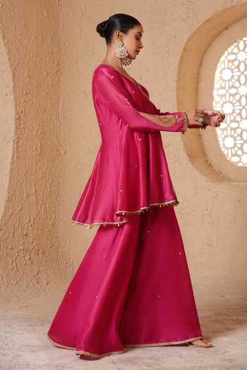 Label Niti Bothra_Pink Silk, Organza, Chanderi V-neck, Yes Mehrang Angarkha Sharara Set _Online_at_Aza_Fashions
