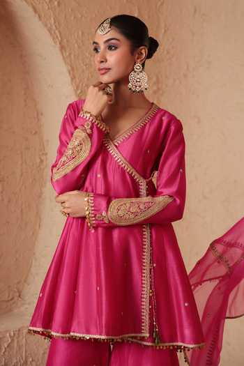 Buy_Label Niti Bothra_Pink Silk, Organza, Chanderi V-neck, Yes Mehrang Angarkha Sharara Set _Online_at_Aza_Fashions