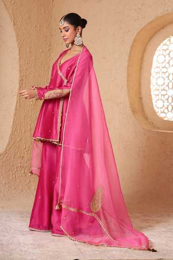 Shop_Label Niti Bothra_Pink Silk, Organza, Chanderi V-neck, Yes Mehrang Angarkha Sharara Set _Online_at_Aza_Fashions