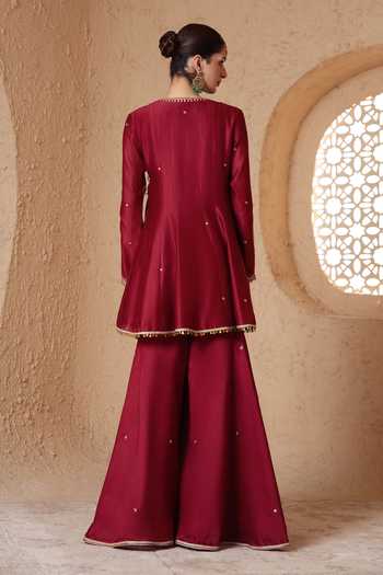 Shop_Label Niti Bothra_Maroon Silk, Chanderi, Organza V-neck, Yes Mehrang Angarkha Sharara Set _at_Aza_Fashions
