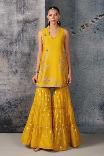 Label Niti Bothra_Yellow Silk, Chanderi, Organza V-neck Mehrang Sleeveless Sharara Set _Online_at_Aza_Fashions