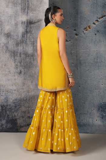Shop_Label Niti Bothra_Yellow Silk, Chanderi, Organza V-neck Mehrang Sleeveless Sharara Set _at_Aza_Fashions