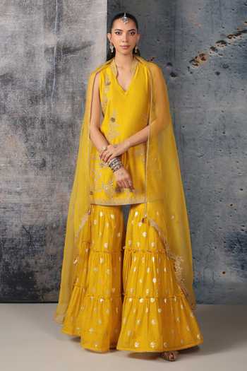 Shop_Label Niti Bothra_Yellow Silk, Chanderi, Organza V-neck Mehrang Sleeveless Sharara Set _Online_at_Aza_Fashions