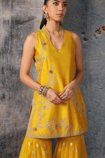 Label Niti Bothra_Yellow Silk, Chanderi, Organza V-neck Mehrang Sleeveless Sharara Set _at_Aza_Fashions