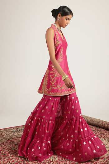 Label Niti Bothra_Pink Silk, Organza, Chanderi V-neck, Yes Mehrang Sleeveless Kurta Sharara Set _Online_at_Aza_Fashions