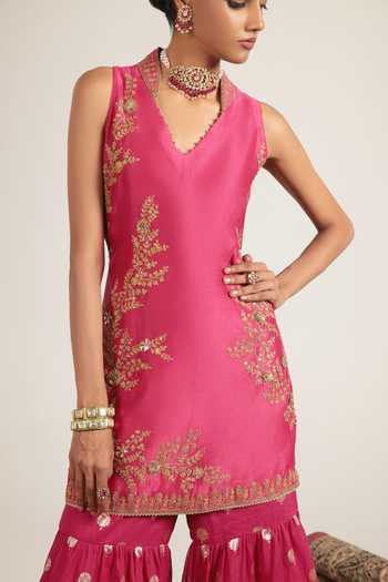 Buy_Label Niti Bothra_Pink Silk, Organza, Chanderi V-neck, Yes Mehrang Sleeveless Kurta Sharara Set _Online_at_Aza_Fashions