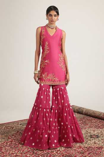Shop_Label Niti Bothra_Pink Silk, Organza, Chanderi V-neck, Yes Mehrang Sleeveless Kurta Sharara Set _at_Aza_Fashions