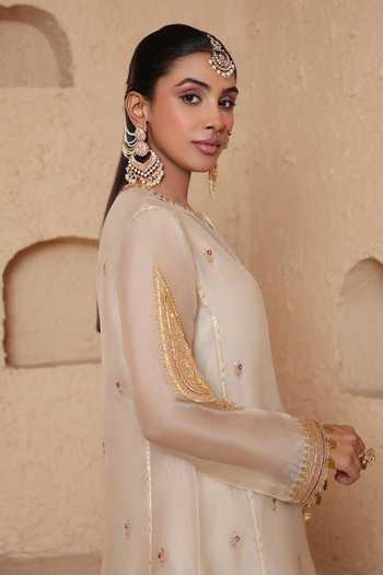 Label Niti Bothra_Ivory Silk, Organza, Tencel Round Neck Mehrang Short Pheran Kurta And Pant Set _Online_at_Aza_Fashions