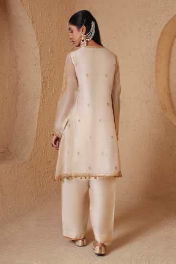Shop_Label Niti Bothra_Ivory Silk, Organza, Tencel Round Neck Mehrang Short Pheran Kurta And Pant Set _at_Aza_Fashions