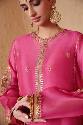 Label Niti Bothra_Pink Silk, Organza, Tencel Round Neck Mehrang Short Pheran Kurta Set _Online_at_Aza_Fashions