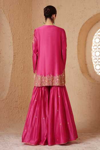 Shop_Label Niti Bothra_Pink Silk, Organza, Chanderi Round Neck Mehrang Embroidered Kurta Sharara Set _at_Aza_Fashions